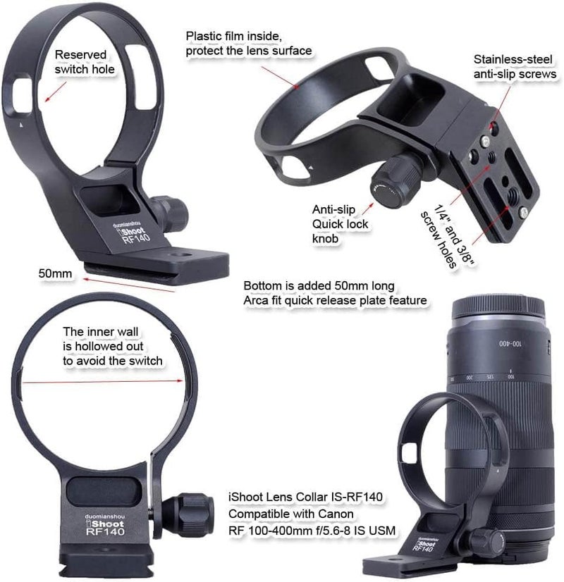 iShoot Metal Tripod Mount Ring Lens Collar Compatible with Canon RF 100-400mm f/5.6-8 is USM, Lens Support Holder Bracket Bottom is Arca-Swiss Fit Quick Release Plate Dovetail Groove - Image 3